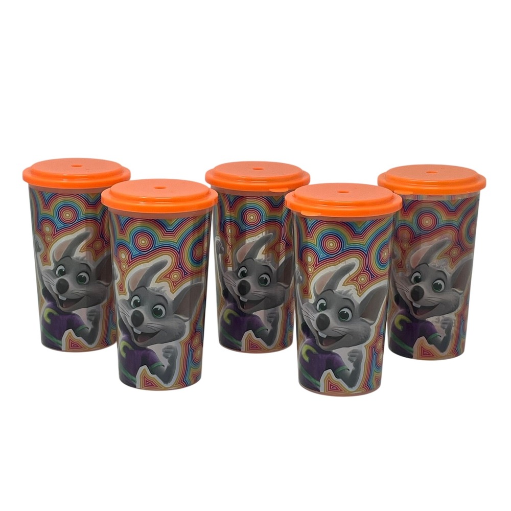 Chuck E Cheese Souvenir Cups Kids Set of 5 Birthday Rainbow Holographic Lids